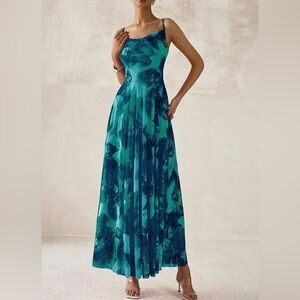 Sleeveless Teal Floral Midi Dress